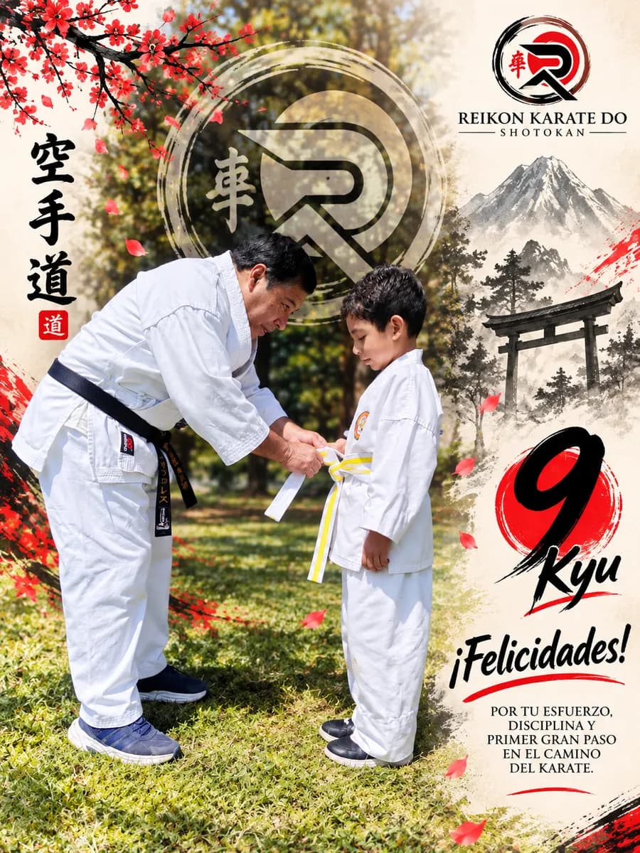 Sensei entrega la cinta de 9.º kyu a un alumno pequeño